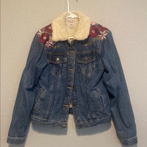 Floral Embroidered Denim Jacket with Shearling Collar - Picture 1 of 3